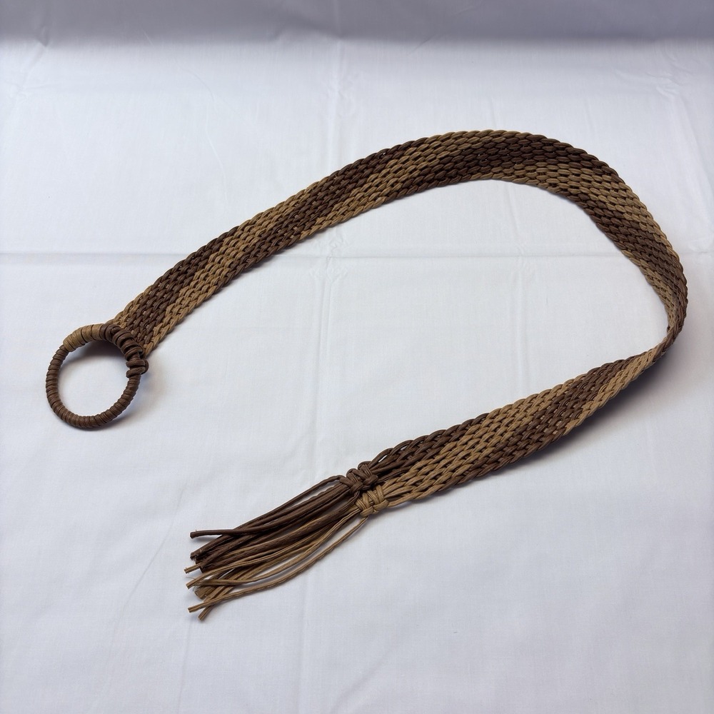 Brown & Tan Woven Belt Wide Boho Ring Buckle Tassel Fringe 36" Vintage Style 404